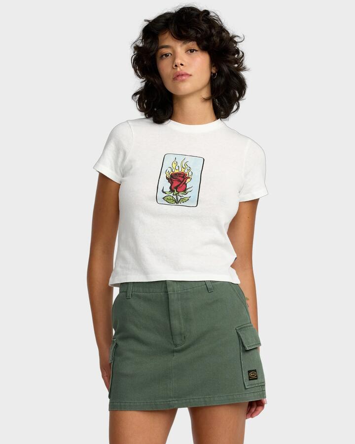 Image of a model wearing Skirts. Product name - RVCA Womens Dayshift Mini Skirt Fir Green in Fir Green colour by brand - RVCA