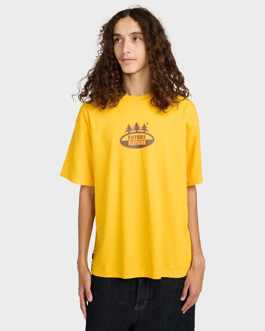 Image of a model wearing Tops. Productname: Element Mens Three Pines T-Shirt Gold Fusion - in Gold Fusion colour by brand - Element