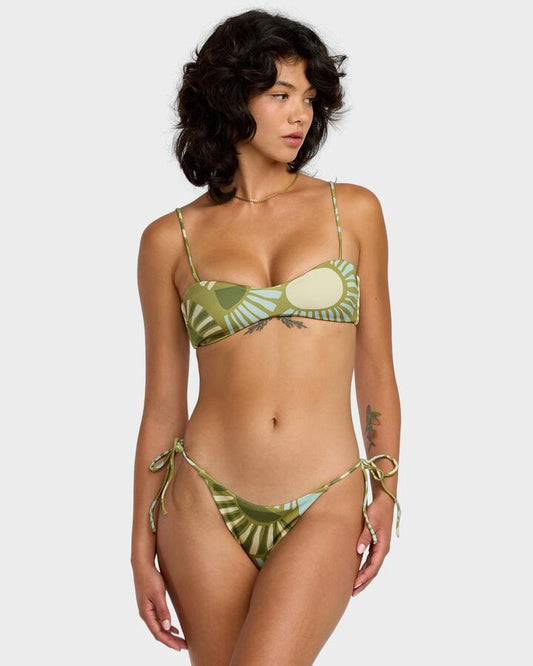 Image of a model wearing Tops. Productname: RVCA Womens Eise & Set Bralette Bikini Top Moss Green - in Moss Green colour by brand - RVCA