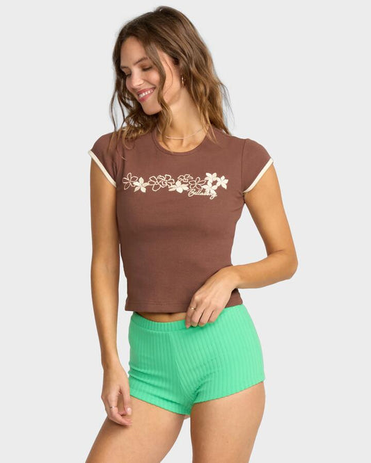 Image of a model wearing Tops. Productname: Billabong Womens Josie Ringer T-Shirt Espresso - in Espresso colour by brand - Billabong
