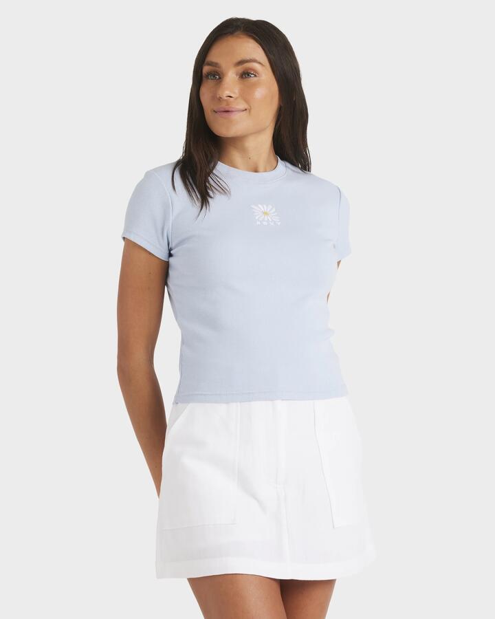 Image of a model wearing Tops. Productname: Roxy Womens Oasis Baby Rib T-Shirt Misty Blue - in Misty Blue colour by brand - Roxy
