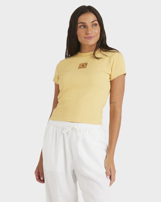 Image of a model wearing Tops. Productname: Roxy Womens Oasis Baby Rib T-Shirt Butter - in Butter colour by brand - Roxy