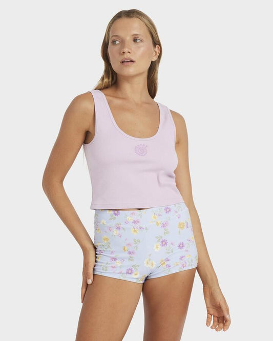 Image of a model wearing Tops. Productname: Roxy Womens Paradiso Tank Top Violet - in Violet colour by brand - Roxy