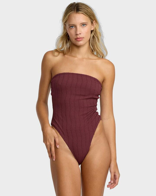 Image of Swimwear. Product name - RVCA Womens Chevy Grooves One Piece Swimsuit Redwood in Redwood colour by brand - RVCA