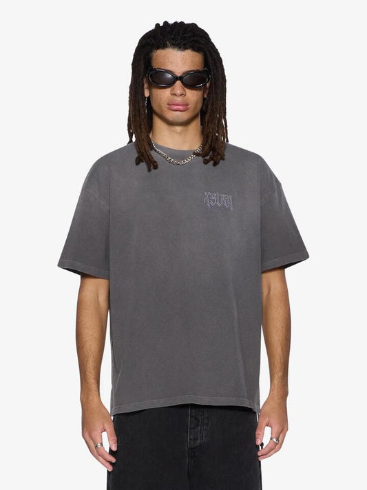 Image of a model wearing Tops. Productname: Ksubi Utopia Angel Ekcess Ss Tee in Faded Black colour by brand - Ksubi