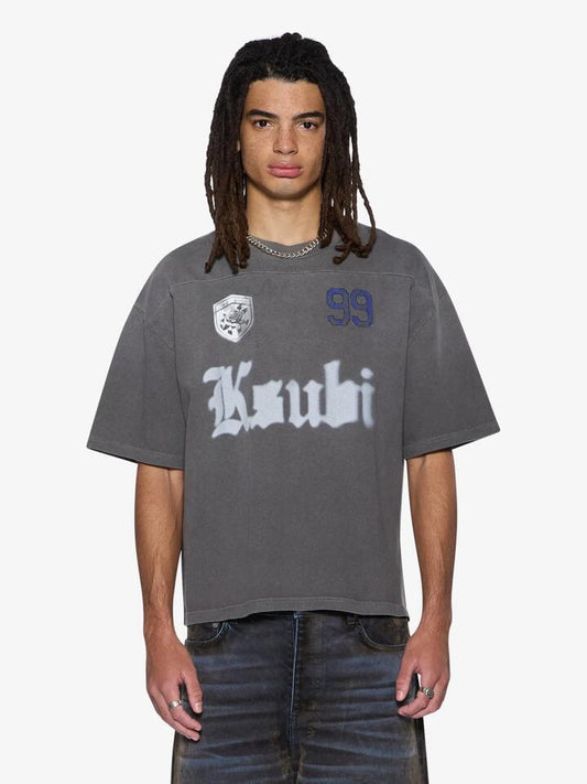 Image of a model wearing Tops. Productname: Ksubi Utopia Halen Raglan Ss Tee in Charcoal colour by brand - Ksubi
