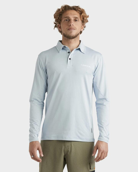 Image of a model wearing Tops. Product name - Quiksilver Mens Baitball Polo Long Sleeve Surf Shirt Ashley Blue in Ashley Blue colour by brand - Quiksilver