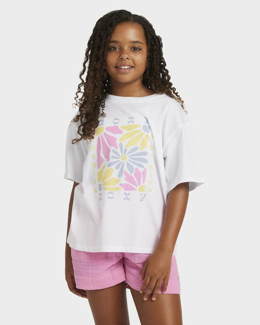 Image of a model wearing Tops. Productname: Roxy Girls 4-16 Day Trippin T-Shirt White - in White colour by brand - Roxy