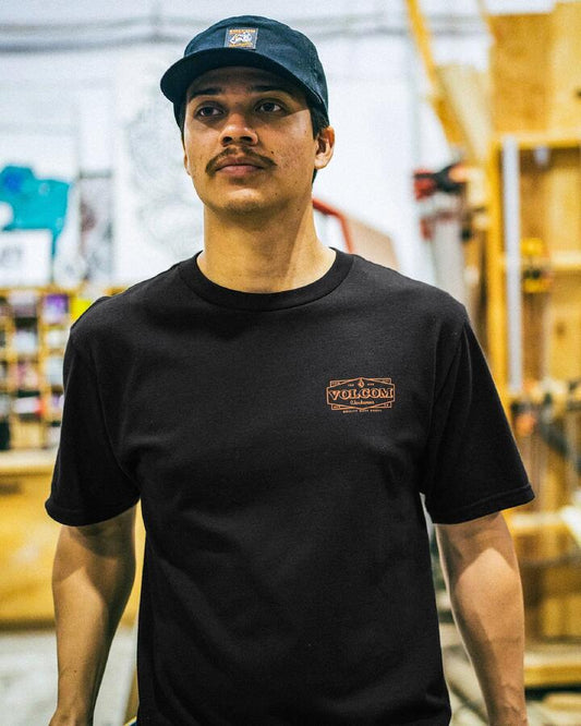 Image of a model wearing Uniforms & Workwear. Productname: Volcom Mens Workwear Union T-Shirt Black - in Black colour by brand - Volcom