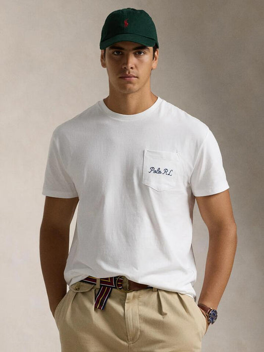 Image of a model wearing Tops. Productname: Polo Ralph Lauren Varsity Bear Pocket Tee in White colour by brand - Polo Ralph Lauren