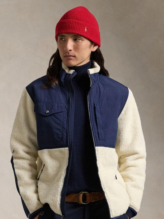 Image of a model wearing Outerwear. Productname: Polo Ralph Lauren Bonded Sherpa Jacket in Winter Cream/Newport colour by brand - Polo Ralph Lauren