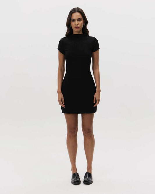 Image of a model wearing Dress. Productname: MSE Mock Neck Mini Dress in Black colour by brand - MSE