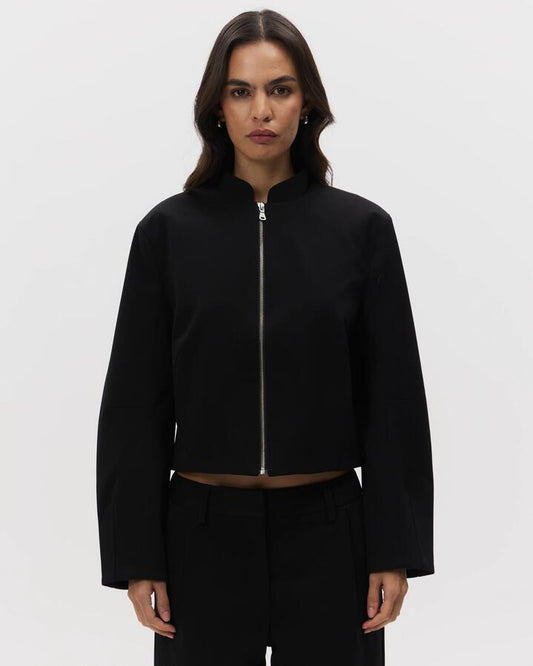 Image of a model wearing Outerwear. Productname: MSE Zip Front Bomber in Black colour by brand - MSE