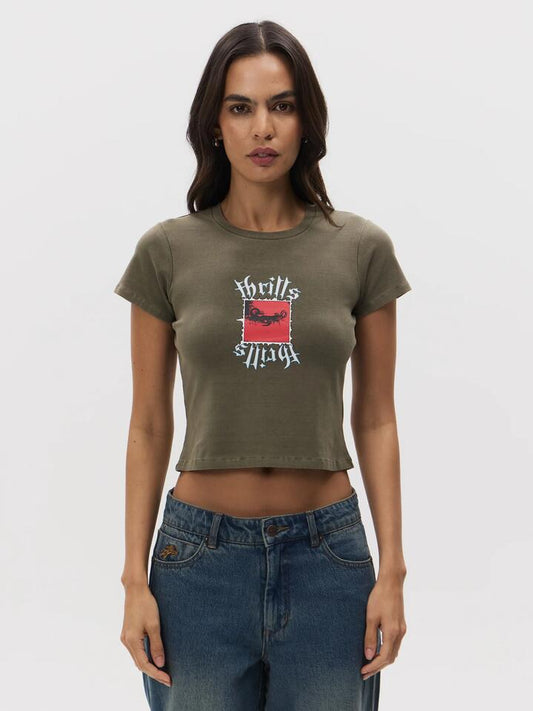Image of a model wearing Tops. Productname: Thrills Cheap Thrills Mini Tee in TARMAC colour by brand - Thrills
