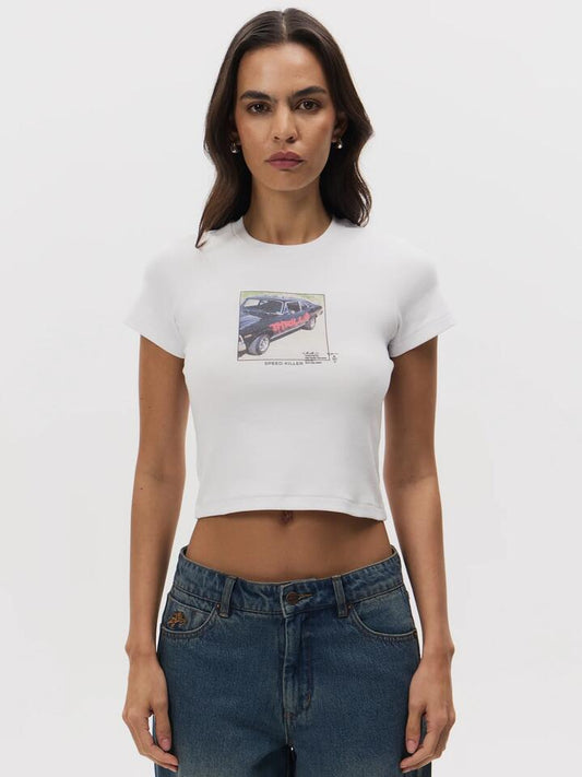 Image of a model wearing Tops. Productname: Thrills Die Fighting Mini Tee in WHITE colour by brand - Thrills