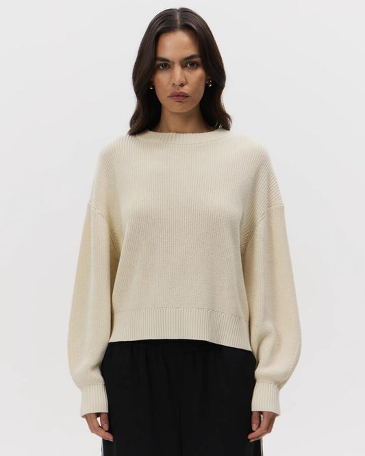 Image of a model wearing Outerwear. Productname: Lulu & Rose Sienna Cotton Jumper in Vanilla colour by brand - Lulu & Rose