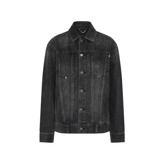 Image of a model wearing Outerwear. Productname: The Runaways Trucker Jacket in Washed Black colour by brand - sass and bide