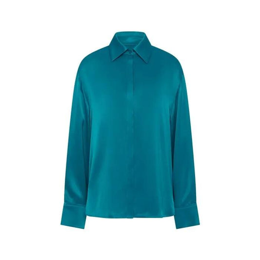 Image of a model wearing Tops. Productname: Darcey Shirt in DARK TURQUOISE colour by brand - sass and bide