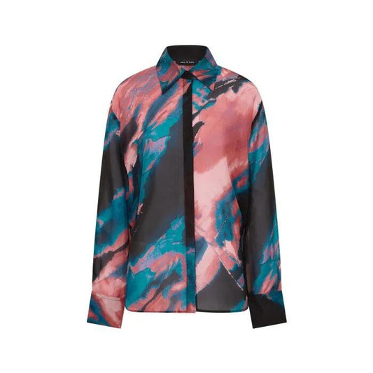 Image of a model wearing Tops. Productname: Artique Silk Chiffon Shirt in PRINT colour by brand - sass and bide