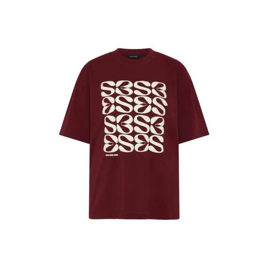 Image of a model wearing Tops. Productname: Logorama Tee in Dark Cherry colour by brand - sass and bide