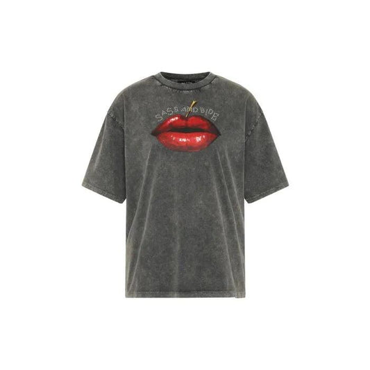 Image of a model wearing Tops. Productname: Pucker Up Tee in WARM CHARCOAL colour by brand - sass and bide