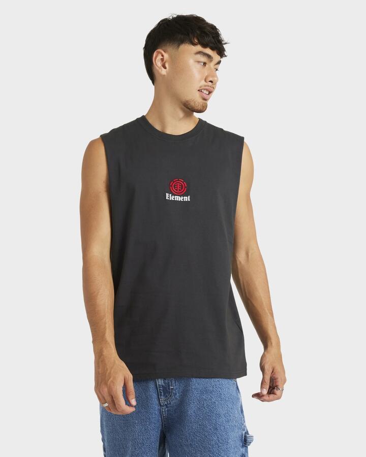 Image of a model wearing Tops. Product name - Element Mens Canyon Muscle Shirt Off Black in Off Black colour by brand - Element