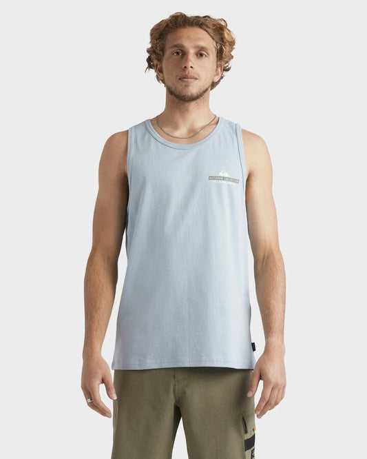 Image of a model wearing Tops. Productname: Quiksilver Mens Cast Out Tank Ashley Blue - in Ashley Blue colour by brand - Quiksilver