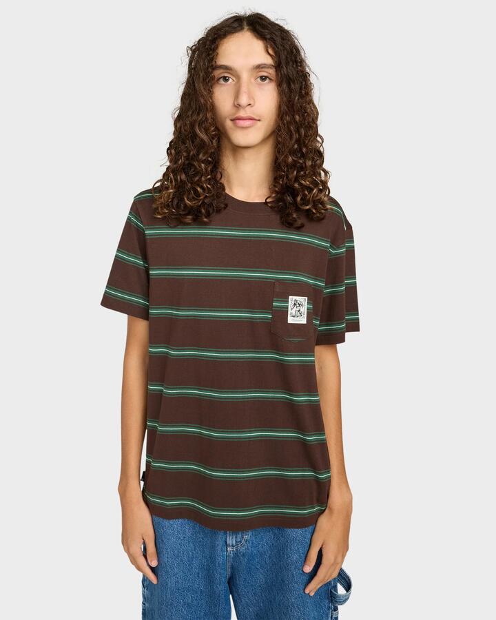 Image of a model wearing Tops. Productname: Element Mens Big Foot Pocket Label T-Shirt Bigfoot Java Stripe - in Bigfoot Java Stripe colour by brand - Element