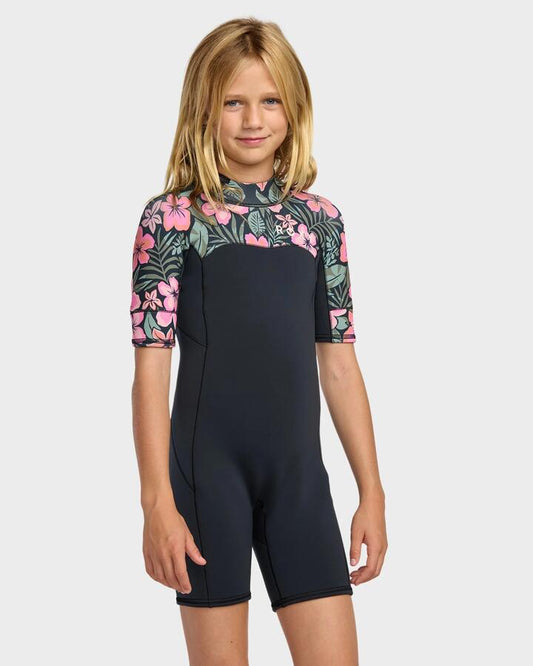 Image of a model wearing Tops. Productname: Roxy Girls 2-16 2/2 Swell Natural Springsuit Electric Pink - in Electric Pink colour by brand - Roxy