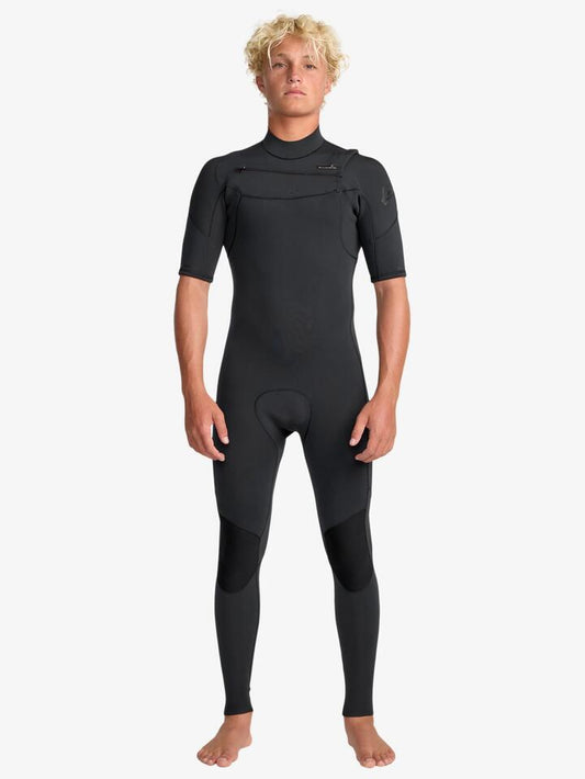 Image of a model wearing Tops. Product name - Quiksilver Mens 2/2Mm Everyday Sessions Chest Zip Short Sleeve Wetsuit Black in Black colour by brand - Quiksilver
