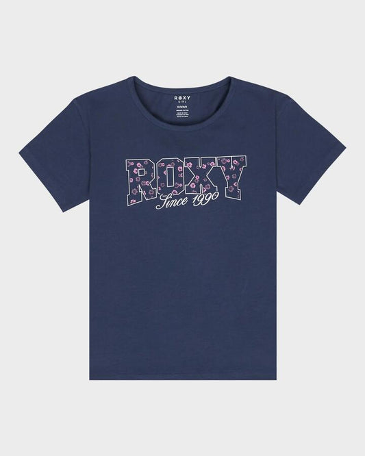 Image of a model wearing Tops. Productname: Roxy Girls 8-16 Lilyregular Night T-Shirt Vintage Indigo - in Vintage Indigo colour by brand - Roxy