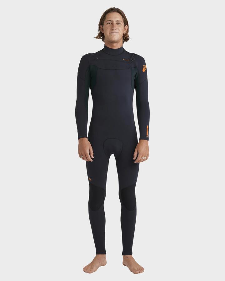 Image of a model wearing Tops. Productname: Quiksilver Mens 3/2Mm Esession Chest Zip Wetsuit Jade - in Jade colour by brand - Quiksilver