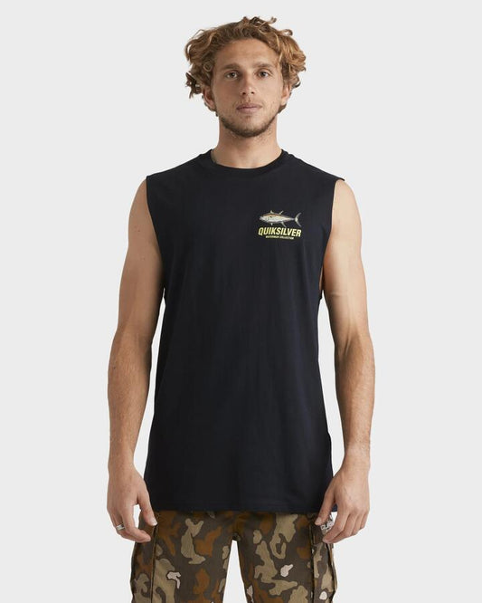 Image of a model wearing Tops. Productname: Quiksilver Mens Slack Tide Muscle Shirt Black - in Black colour by brand - Quiksilver