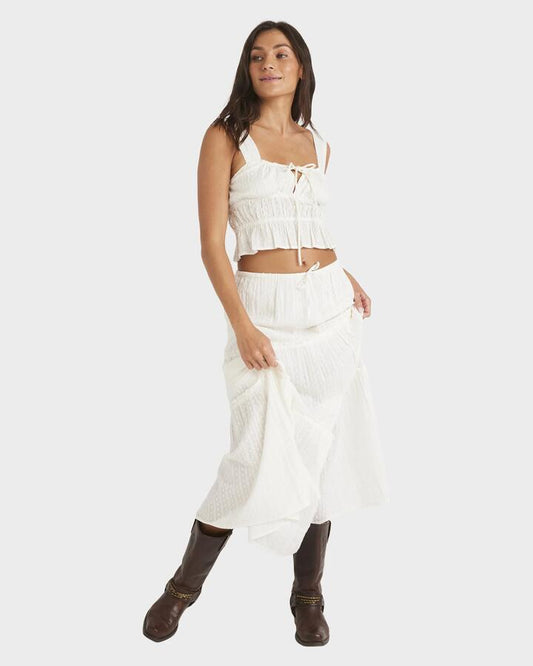 Image of a model wearing Skirts. Productname: Roxy - Womens Sol Sweetwater Maxi Skirt - Egret - in Egret colour by brand - Roxy