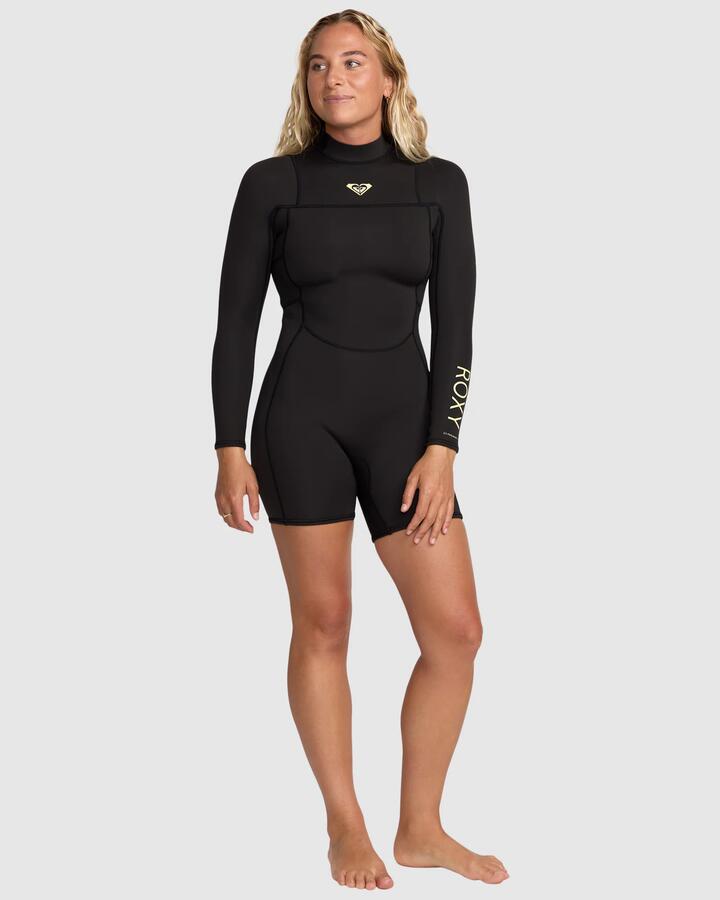 Image of a model wearing Tops. Product name - Roxy Womens Long Sleeve 2/2 Prologue Springsuit Black in Black colour by brand - Roxy