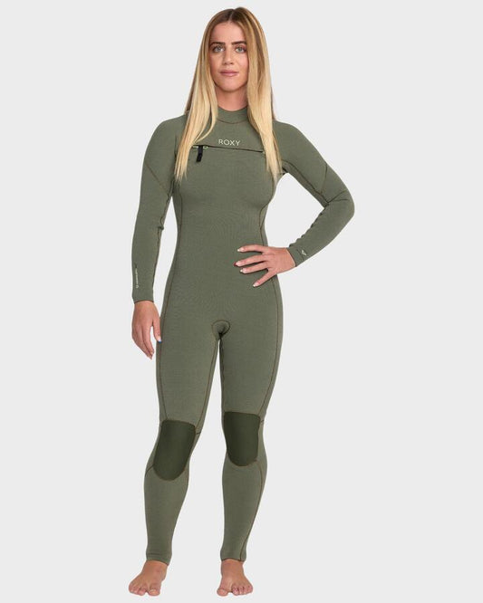 Image of a model wearing Tops. Productname: Roxy - Womens 3/2Mm Elite Xtra Stretch Chest Zip Wetsuit - Sage - in Sage colour by brand - Roxy