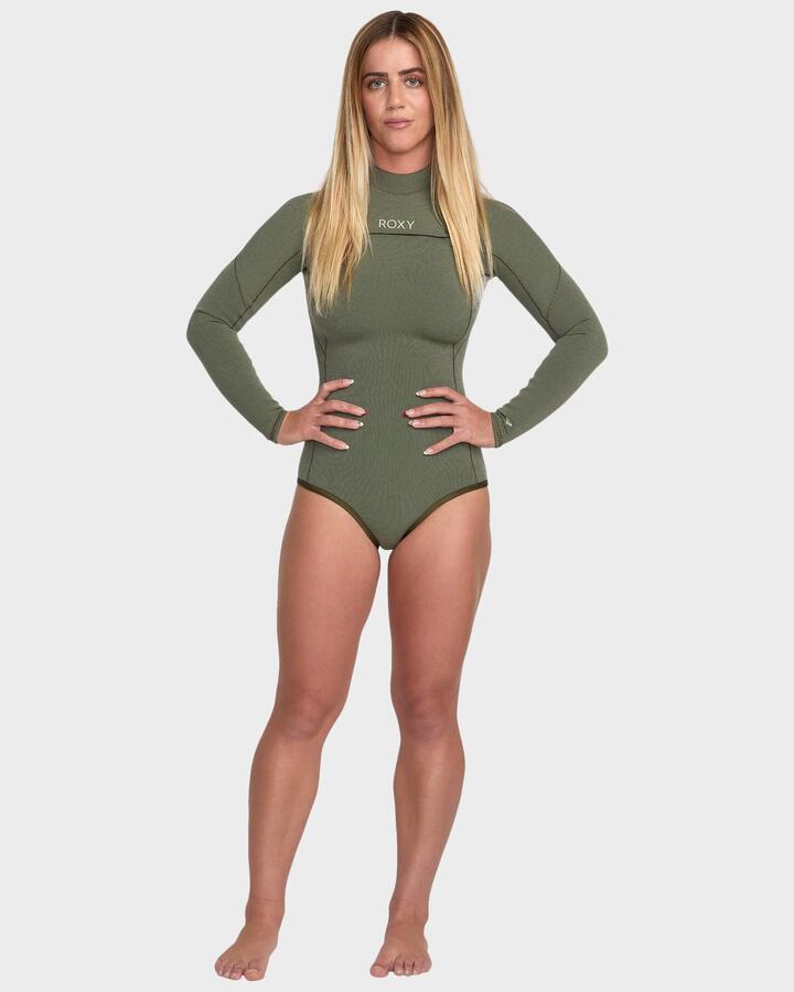 Image of a model wearing Tops. Productname: Roxy - Womens 1.5 Elite Xtra Stretch Long Sleeve Springsuit - Sage - in Sage colour by brand - Roxy