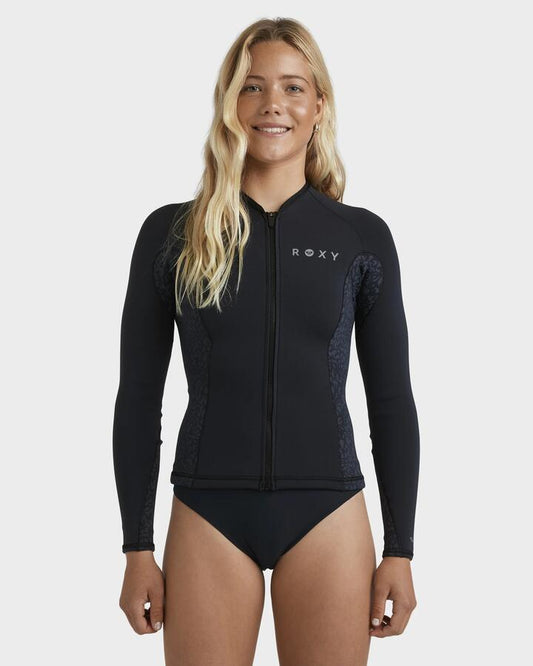 Image of a model wearing Tops. Product name - Roxy Womens 1Mm Swell Long Sleeve Wetsuit Animal Print in Animal Print colour by brand - Roxy