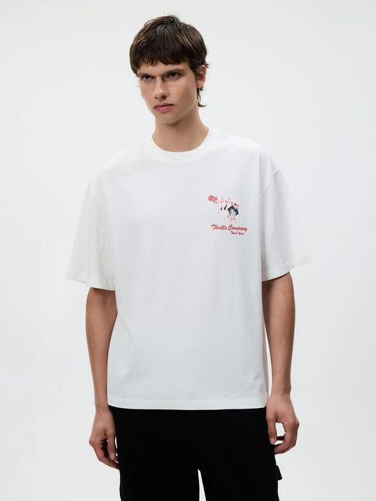 Image of a model wearing Shorts. Productname: Thrills Appreciation Box Fit Oversize Short Tee in Dirty White colour by brand - Thrills