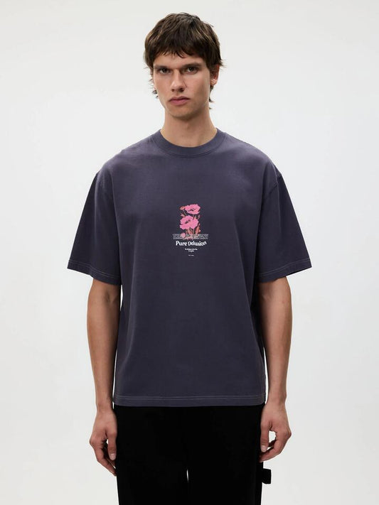 Image of a model wearing Tops. Productname: Thrills Pure Delusion Box Fit Oversize Tee in Fog colour by brand - Thrills