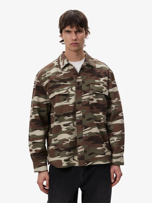 Image of a model wearing Outerwear. Productname: Article One Hunter Overshirt in Camo colour by brand - Article One