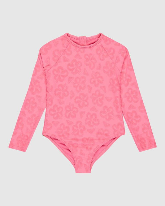 Image of a model wearing Tops. Productname: Roxy Girls 2-7 Flip Flower Long Sleeve Rash Vest Pink Cosmos Flip Flower Terry - in Pink Cosmos Flip Flower Terry colour by brand - Roxy