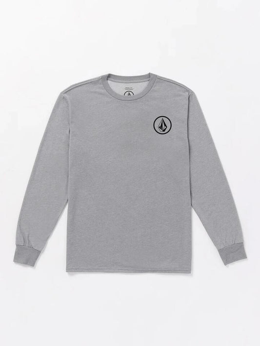 Image of a model wearing Tops. Productname: Volcom Mens Mini Circle Long Sleeve T-Shirt Heather Grey - in Heather Grey colour by brand - Volcom