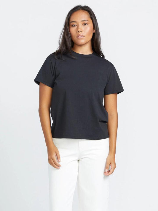 Image of a model wearing Tops. Productname: Volcom Womens One Of Each Boyfriend T-Shirt Black - in Black colour by brand - Volcom