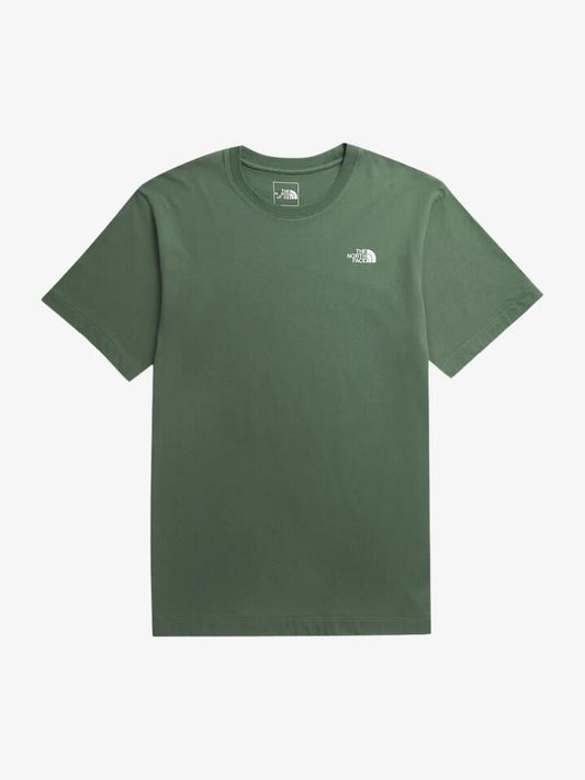 Image of a model wearing Tops. Productname: The North Face Unisex Relax Brand Globe Short Sleeve Tee in Duck Green colour by brand - The North Face