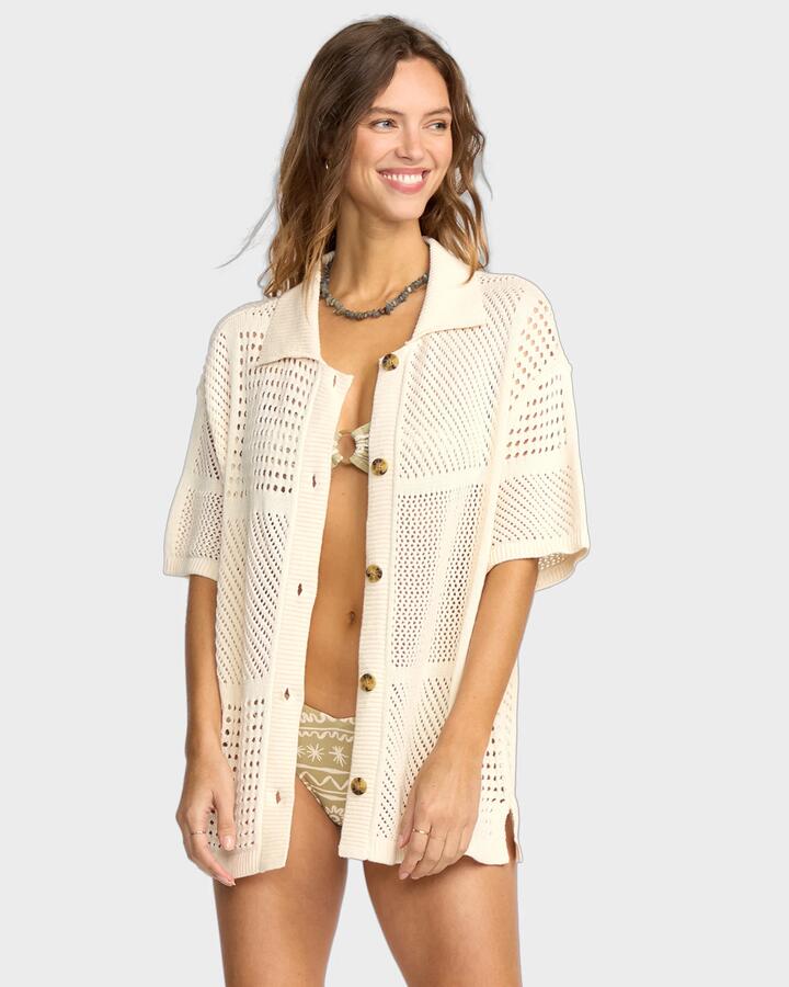 Image of a model wearing Tops. Product name - Billabong Womens Cool Down Short Sleeve Shirt Whitecap in Whitecap colour by brand - Billabong