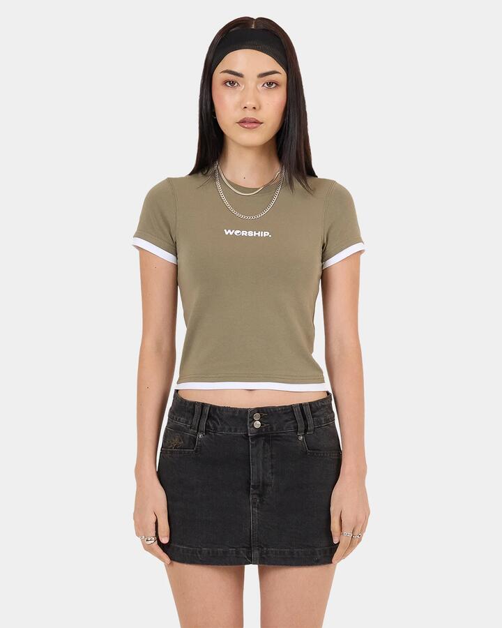 Image of T-Shirts. Product name - Worship Womens Core Slim Fit Contrast T-Shirt Green in Green colour by brand - Worship
