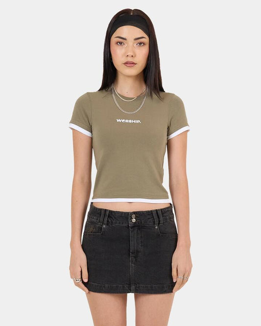 Image of T-Shirts. Product name - Worship Womens Core Slim Fit Contrast T-Shirt Green in Green colour by brand - Worship