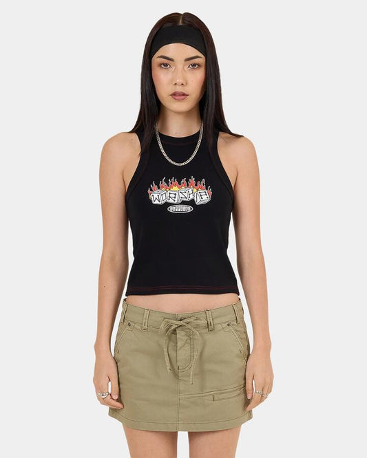 Image of a model wearing Tops. Productname: Worship - Womens Snake Eyes Slim Fit Tank Top - Black - in Black colour by brand - Worship