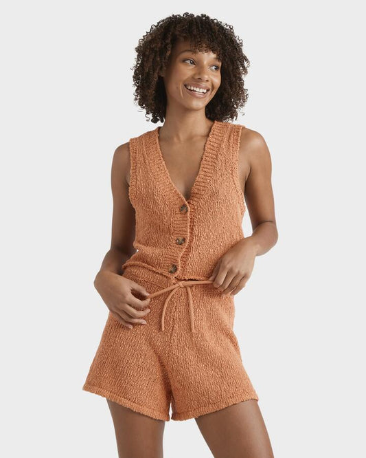 Image of a model wearing Outerwear. Productname: Billabong - Womens Gia Sweater Shorts - Sunset - in Sunset colour by brand - Billabong